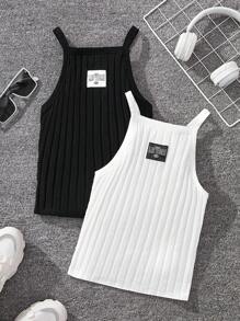 Bộ áo yếm dệt kim màu trơn phong cách đường phố giản dị của các cô gái Tween - Đen và trắng - Xem 1