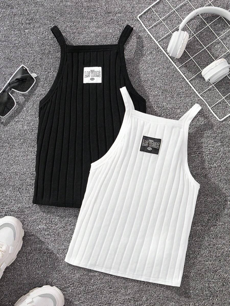 Bộ áo yếm dệt kim màu trơn phong cách đường phố giản dị của các cô gái Tween - Đen và trắng - Xem 1