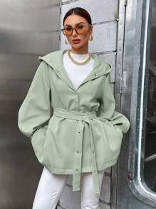 SHEIN Essnce Tay áo lồng đèn Thắt lưng áo có mũ Áo khoác - màu xanh lá - Xem 1