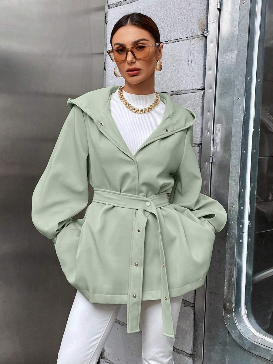 SHEIN Essnce Tay áo lồng đèn Thắt lưng áo có mũ Áo khoác - màu xanh lá - Xem 1