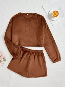 Teen Girl Solid Flannel PJ Set - Brown - View 1