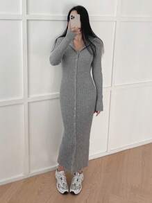 DAZY Ladies' Solid Color Single Breasted Woolen Knitted Dress Sweater Dress - Grey - View 9