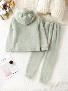 Tween Girl Kangaroo Pocket Hoodie & Pants PJ Set - Green - View 2