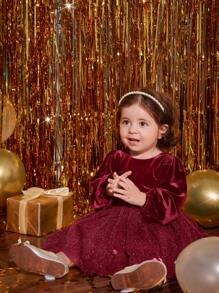 SHEIN Baby Girl Lantern Sleeve Glitter Dress Without Belt - Burgundy - View 5