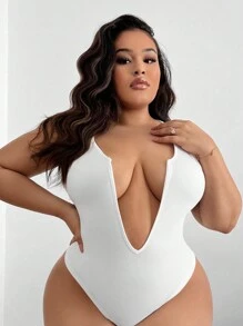 SHEIN SXY Kích thước lớn Màu thuần Cổ chữ V sâu Áo liền quần chặt - trắng - Xem 4