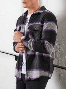 RueChic Men Plaid Print Flap Pocket Shacket - Black - View 4