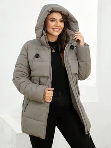 GASMAN Chaqueta de invierno con capucha, cordón y bolsillos para mujeres de talla grande - Caqui - Ver 3