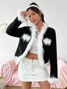 SHEIN EZwear 女士破邊色塊羊毛外套 - 黑色 - 查看 5