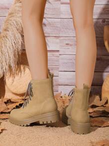 Khaki Motorcycle Boots With Buckled Straps, Fashionable Pu Leather Boots For Autumn And Winter Students' Wear