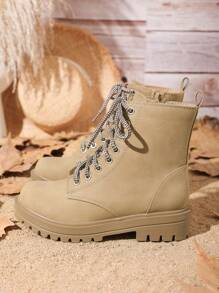 Khaki Motorcycle Boots With Buckled Straps, Fashionable Pu Leather Boots For Autumn And Winter Students' Wear