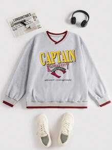 Flirla Plus Size Women's Letter Print Fleece Pullover Sweatshirt Fall - Grey - View 1