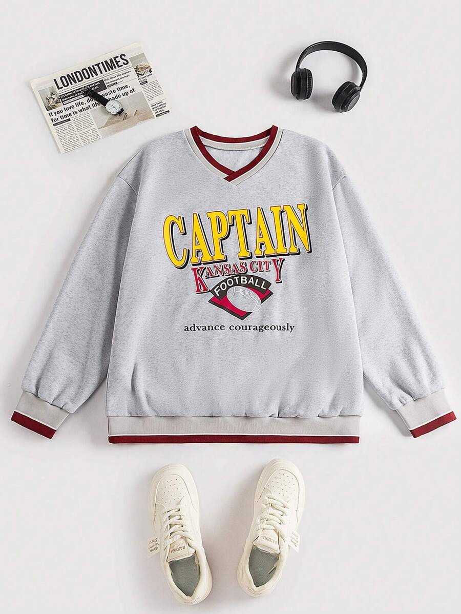 Flirla Plus Size Women's Letter Print Fleece Pullover Sweatshirt Fall - Grey - View 1