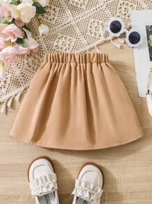 SHEIN Young Girl Solid Pleated Skirt, School, Campus, College - Khaki - View 2