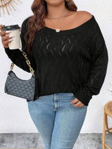 Calvaya Áo len dệt kim vai rộng rãi cho nữ cỡ lớn, cổ tròn, thiết kế khoét lỗ, họa tiết hoa, màu đen, thích hợp cho mùa xuân và mùa thu - màu đen - Xem 4