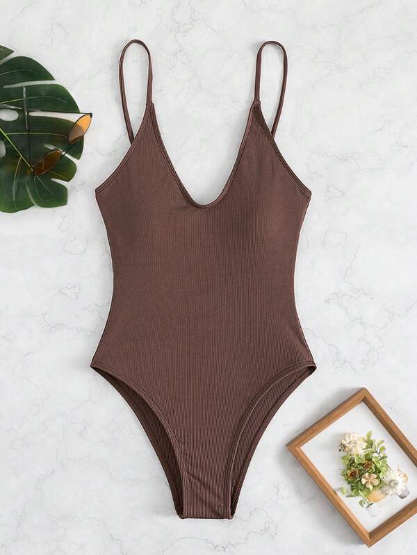 SHEIN Swim Summer Beach Rib-Knit Tie Back One-Piece Swimsuit Bathing Suit