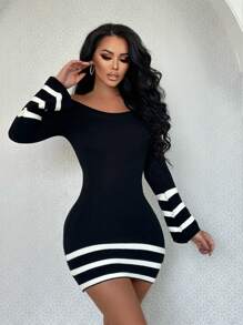 VaVaBold 條紋圖案緊身毛衣洋裝