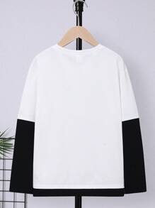SHEIN Tween Boy Round Neck 2 In 1 Casual Summer Versatile Patch Knit T-Shirt - Black and White - View 2