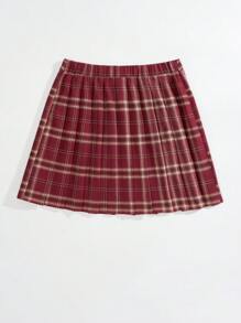 SHEIN EZwear 大碼格紋印花百褶半身裙 - 酒紅色 - 查看 2