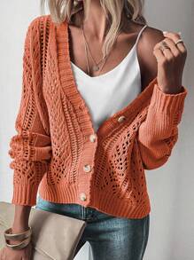 SHEIN LUNE 女性下垂肩開襟針織衫外套 - 橘色 - 查看 5