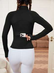 Gameset SHEIN Sport Solid Color Fitted Zip-Up Mock Neck Long Sleeve Sports Jacket - Black - View 4