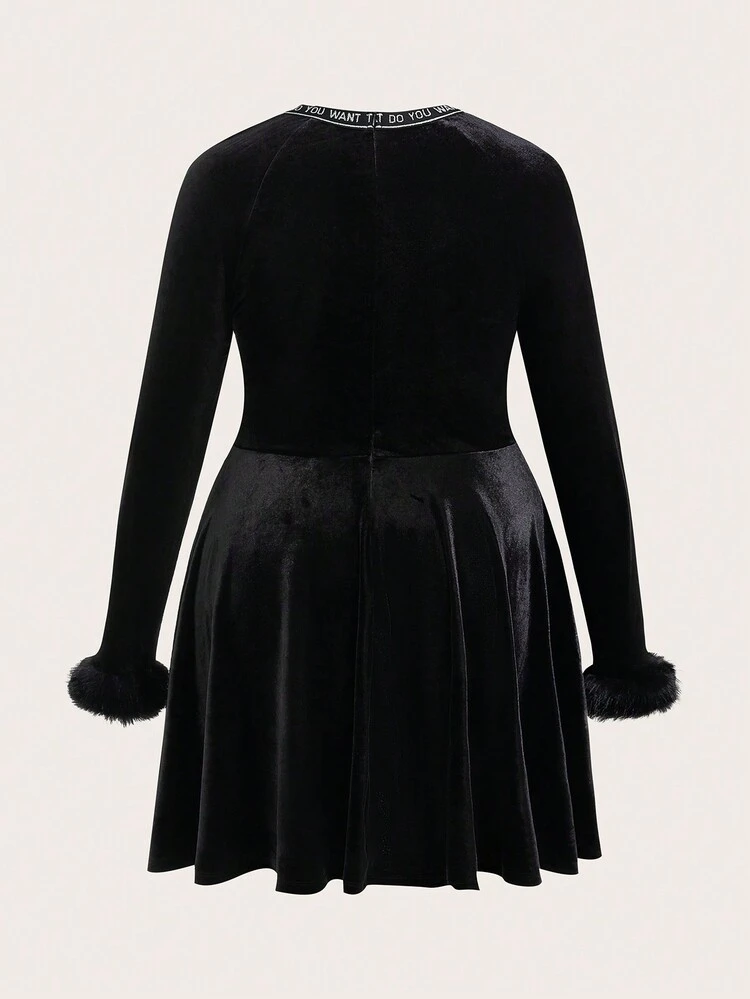 Plus Fuzzy Cuff Square Neck Velvet Dress