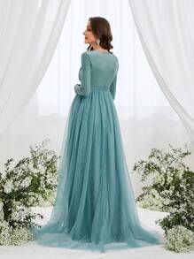 Faeriesty Dressalisa Elegant Maternity Dress, Deep V-Neck Long Sleeve Design, Flowing Sheer Side Panel, Accentuates Waistline, Suitable For Baby Shower (Formal Events, Wedding Guest Attire, Church Ceremony, Luxury Brunch, Maternity Photoshoot) - Teal Blue - View 2