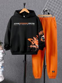 SHEIN 青少年男孩標語圖案落肩袖連帽衫和運動褲 - 彩色 - 查看 1