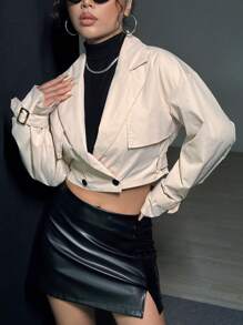 SHEIN Unity Lapel Neck Drop Shoulder Belted Crop Trench Coat - Apricot - View 3