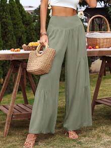 SHEIN VCAY Wide Waistband Ruffle Hem Wide Leg Pants - Army Green - View 5
