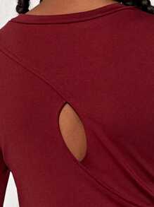 SHEIN Cô gái Tween Chất rắn Cutout Back Áo thun thể thao - Màu nâu Sô-cô-la - Xem 6