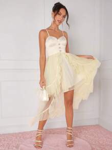 Enchnt Women's Pearl Beaded Mesh Splice Cami Dress - Apricot - View 6