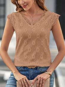 SHEIN Clasi 蕾絲拼接孔眼刺繡t恤 - 棕色 - 查看 5