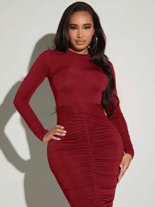 SHEIN SXY 百褶修身連衣裙 - 酒紅色 - 查看 4