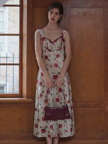 Simple Retro Polyester In Cổ vuông Trượt Dài Đầm - Màu Hoa hồng đỏ - Xem 6