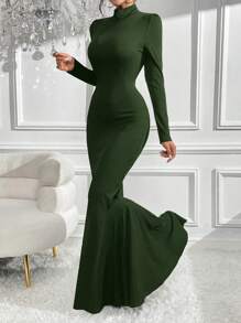 SHEIN Privé 高領緊身荷葉邊魚尾裙,優雅風格 - 軍綠色 - 查看 5