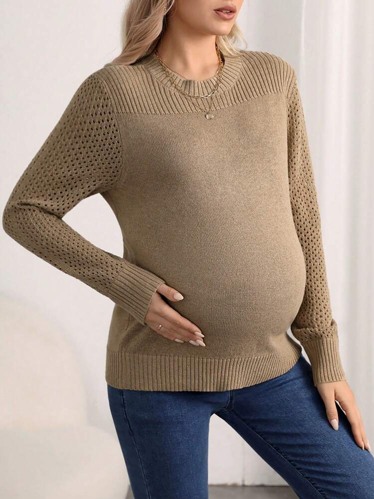 Maternity Round Neck Solid Color Long Sleeve Sweater, For Winter