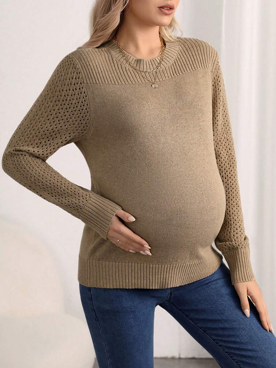 SHEIN Áo len dài tay cổ tròn màu trơn cho bà bầu, mùa đông - Màu nâu  Mocha - Xem 1