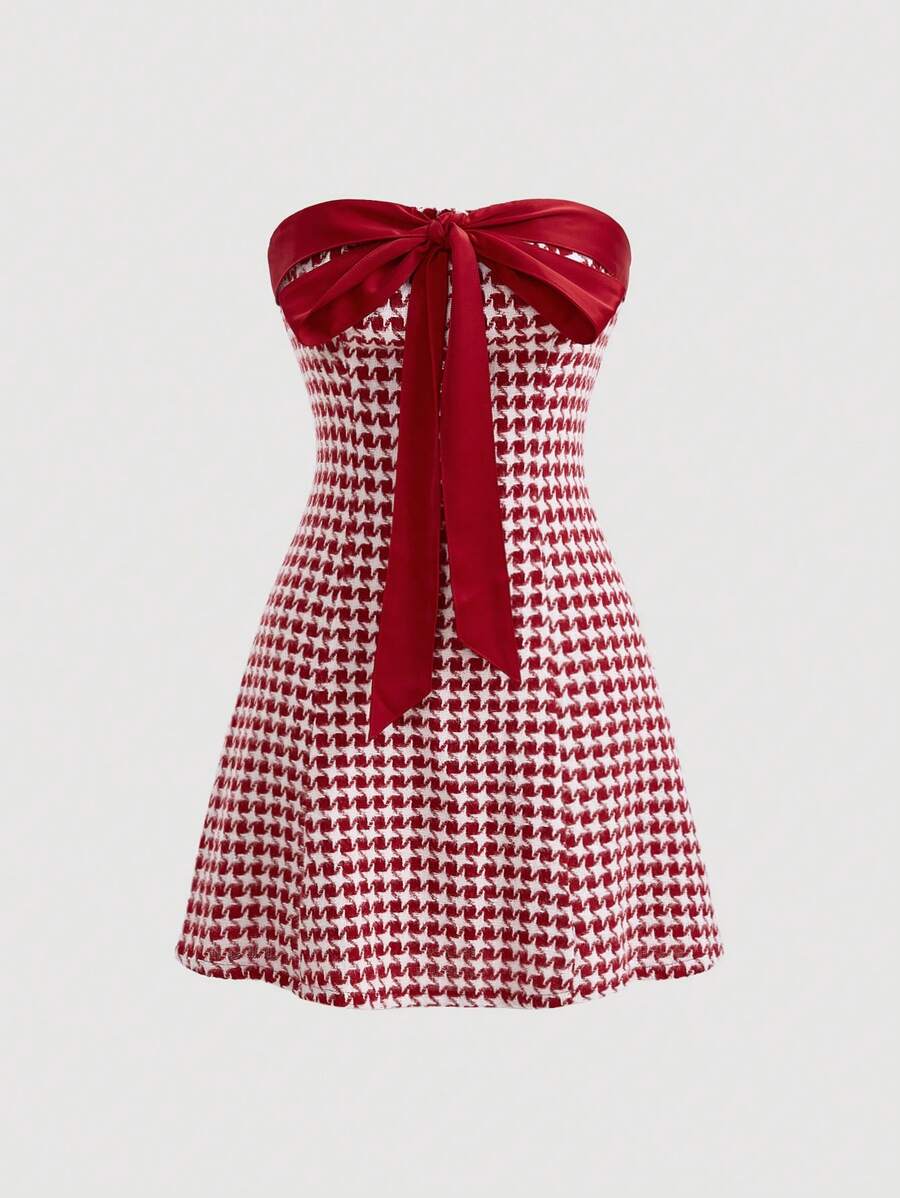 SHEIN MOD Houndstooth Print Knot Front Tube Dress - Multicolor - View 1