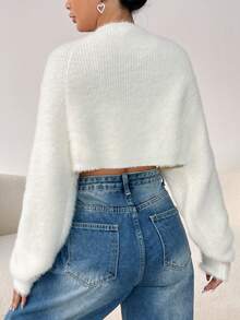 SHEIN EZwear Fluffy Knit Tie Front Crop Shrug Cardigan - White - View 2