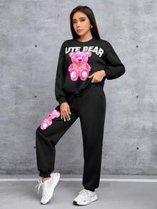 SHEIN PETITE 小熊和字母圖案下垂肩毛衣和運動褲 - 黑色 - 查看 5