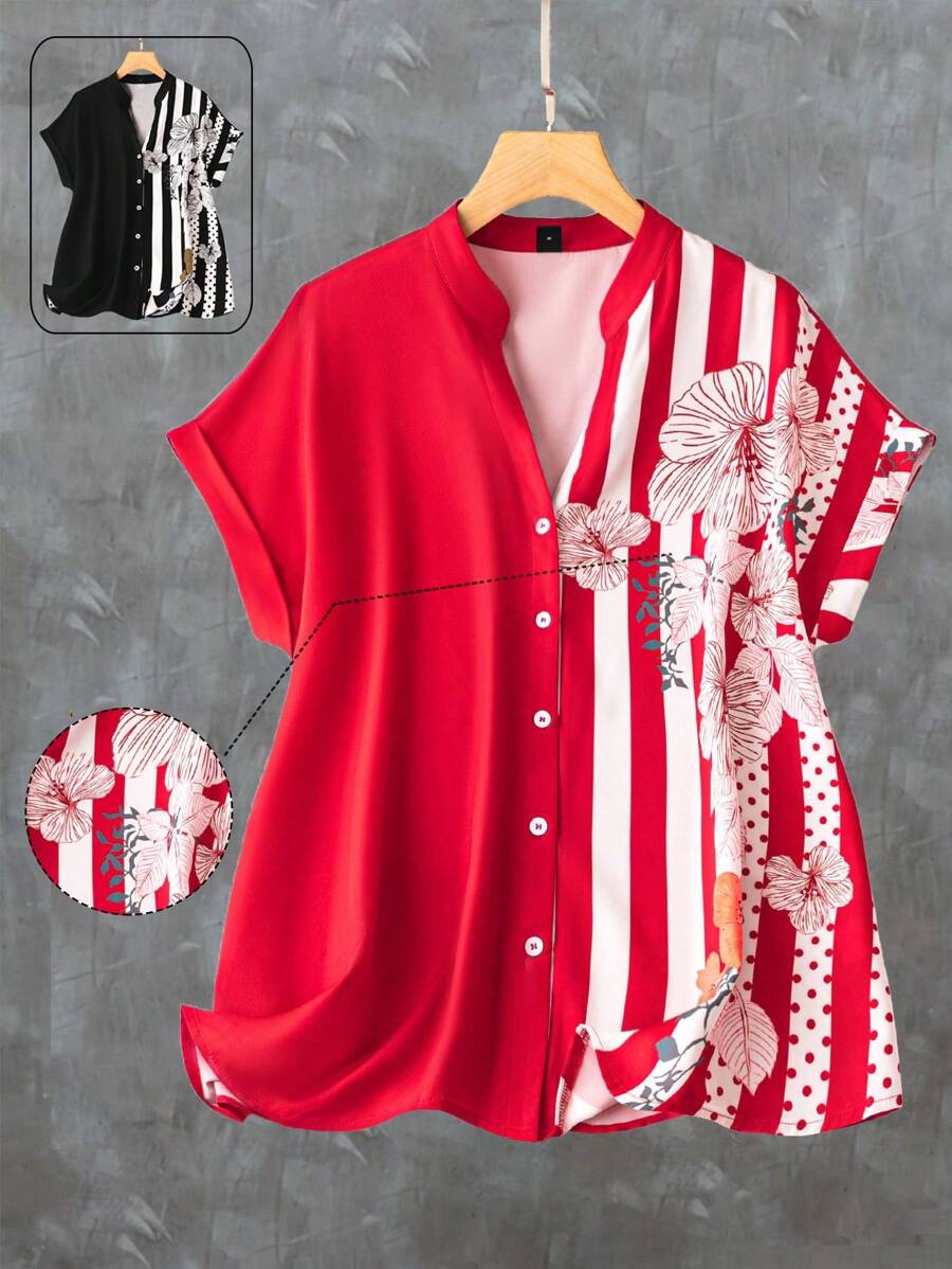 SHEIN LUNE 大尺寸女士條紋花卉印花襯衫 - 紅色 - 查看 1