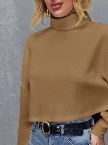 SHEIN Essnce 高領落肩袖短款T恤 - 摩卡棕 - 查看 5