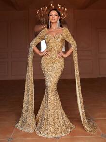 Faeriesty Sweetheart Neck Extra-Long Sleeve Sequin Mermaid Dress