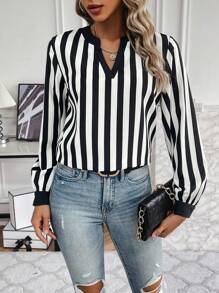 SHEIN Essnce Nadruk w paski Karbowany dekolt Rękaw latarnia Bluzki - Czarne i Białe - Zobacz 6