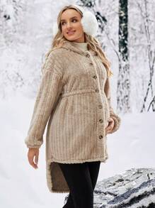 SHEIN Abrigo con capucha de unicolor esponjoso de maternidad con diseño de hombros caídos, para invierno - Caqui - Ver 5