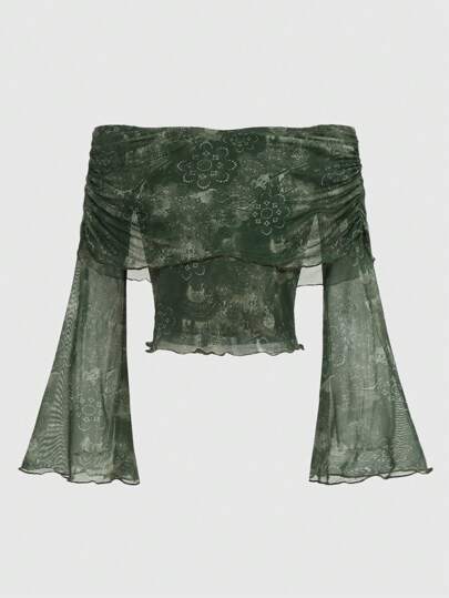 Hippie Damen Schulterfreies Oberteil Mit Floralem Druck