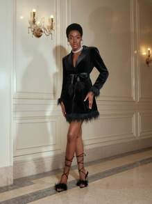 KASHMIR Designer Women's Fluffy Cuff Belted Elegant Dress, For Holiday, Party, Birthday Outfits, Spring, Festival, Wedding Prom Dress - Black - View 3