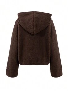 DAZY 女式純色帽衫拉鍊連帽保暖毛絨衫 - 棕色 - 查看 6