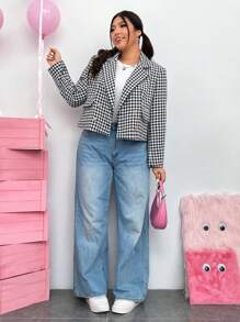 SHEIN EZwear 大碼雙排釦千鳥格西裝外套帶鈕扣細節 - 黑與白 - 查看 6