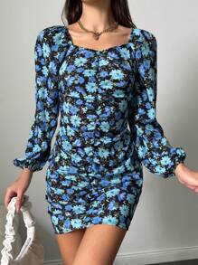 SHEIN Cottnline Allover Floral Print Off Shoulder Lantern Sleeve Ruched Bodycon Dress - Blue - View 5